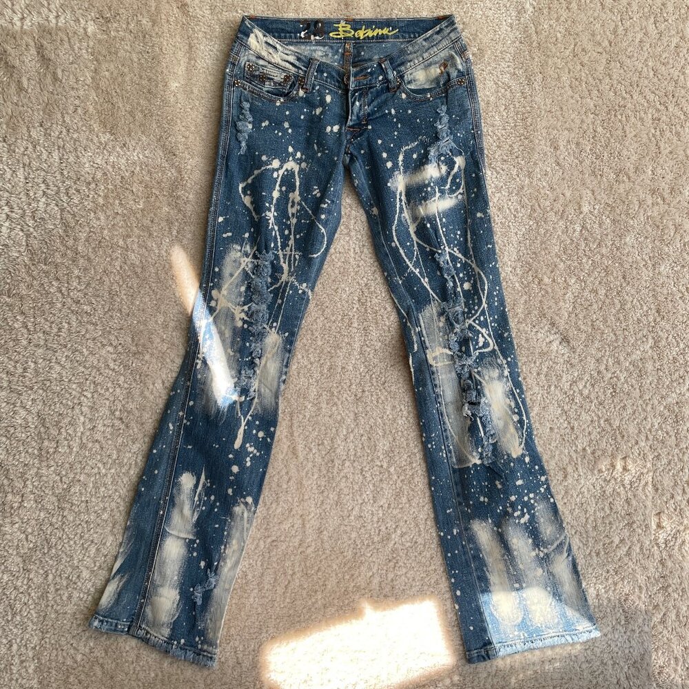 Bebina Jeans Womens 28x34 Acid Wash Splattered Distressed Low Rise Flare Festive